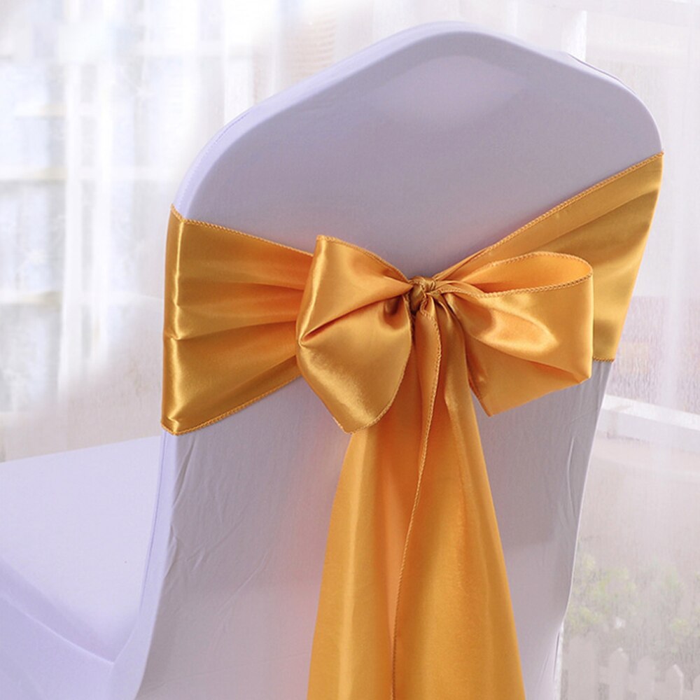 50 stücke Hochzeit Satin- Stuhl Schärpen Gold Hochzeit Stuhl Gürtel Band Organza BöGen Krawatte für Hochzeit Bankett Party-Veranstaltung Liefert pfirsich: Schleife-Gold