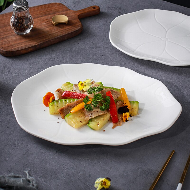 Plato plano Irregular de cerámica, plato poco profundo, Hotel, restaurante, plato de carne, vajilla de cocina, vajilla homosexual, plato de hoja de loto