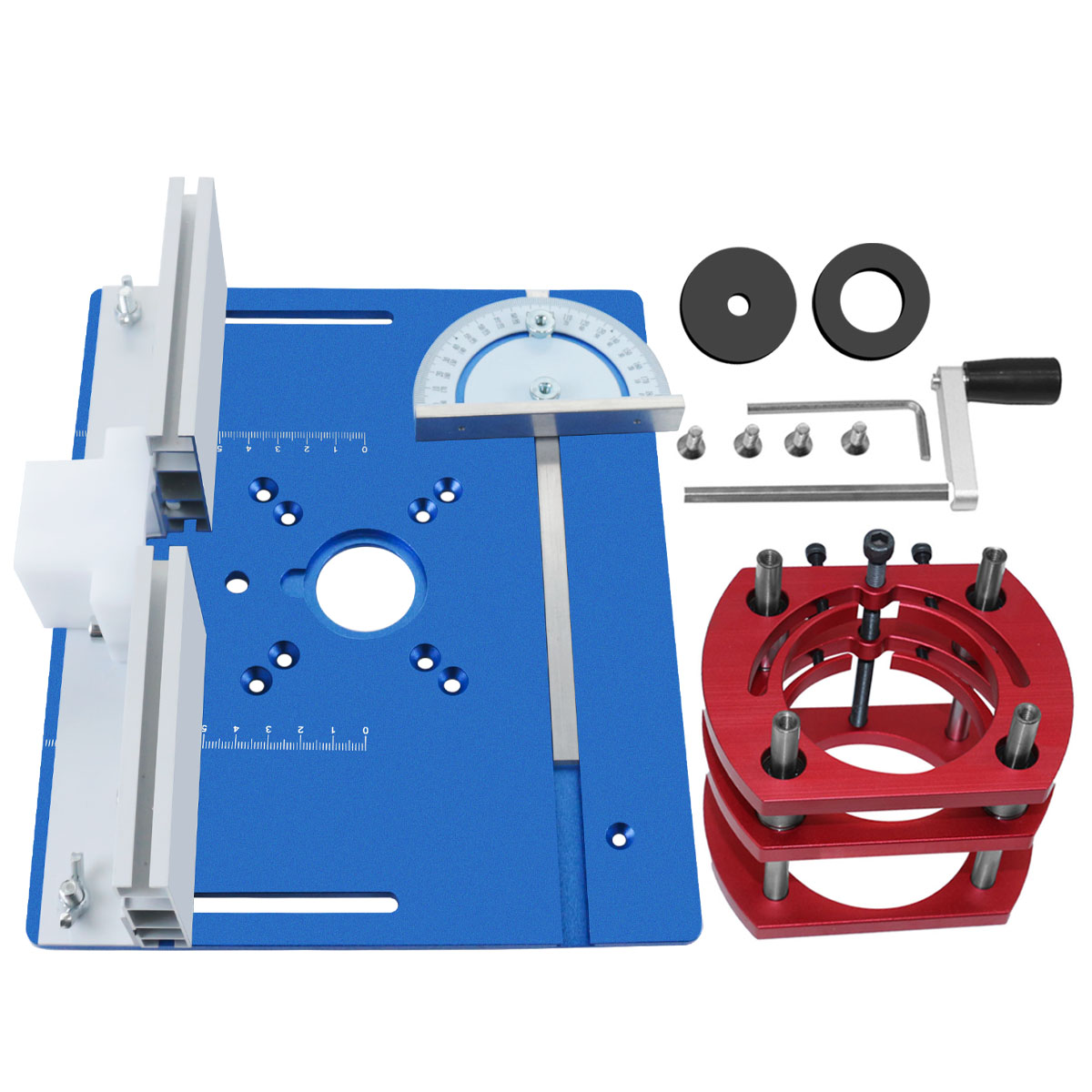Kit de levage de routeur pour le travail du bois, plaque d'insertion de Table de routeur en aluminium avec guide et support de jauge d'onglet pour moteurs de 65 mm de diamètre: Bleu