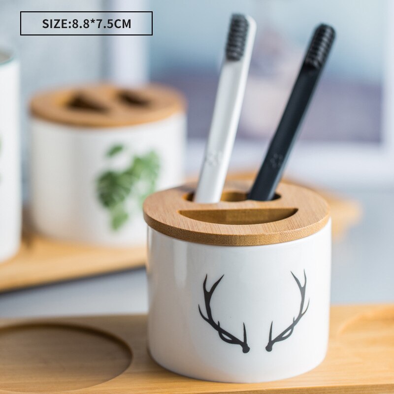 Multifunctionele Keramische Tandenborstelhouder Mond Cup Met Houten Lade Pen Case Badkamer Opslag Decoratie Accessoires Water Cup: 1-Toothbrush holder