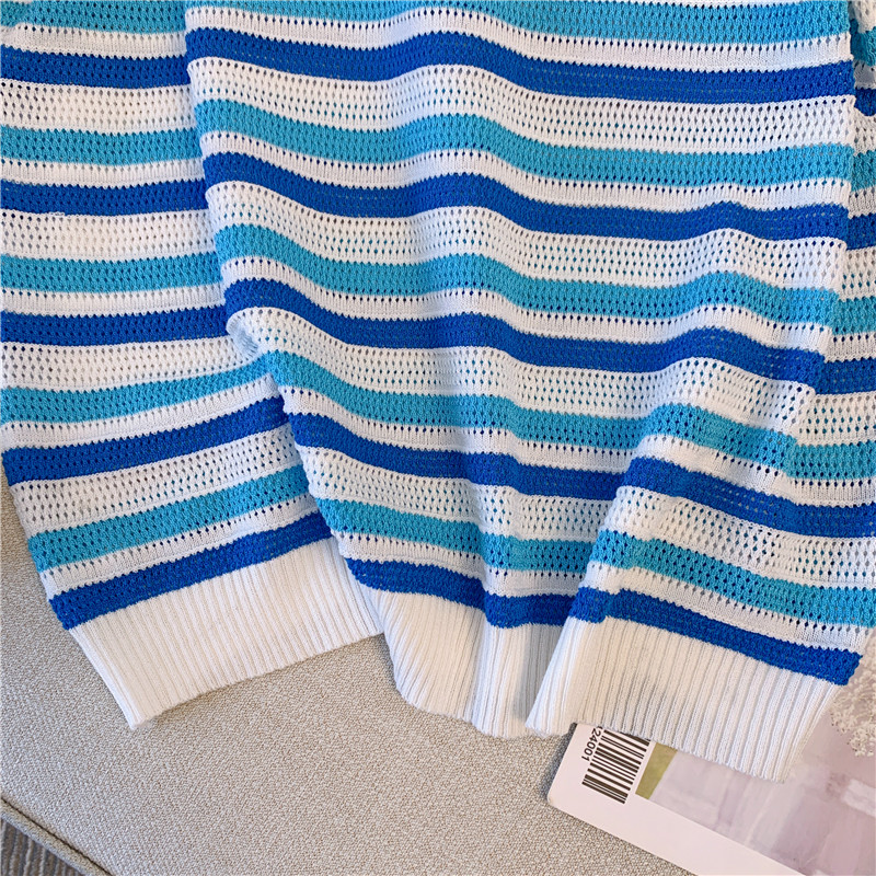 Sommartröja för kvinnor lös o-ringad randig kortärmad stickad pullover för kvinnor casual tröja för kvinnor kläder