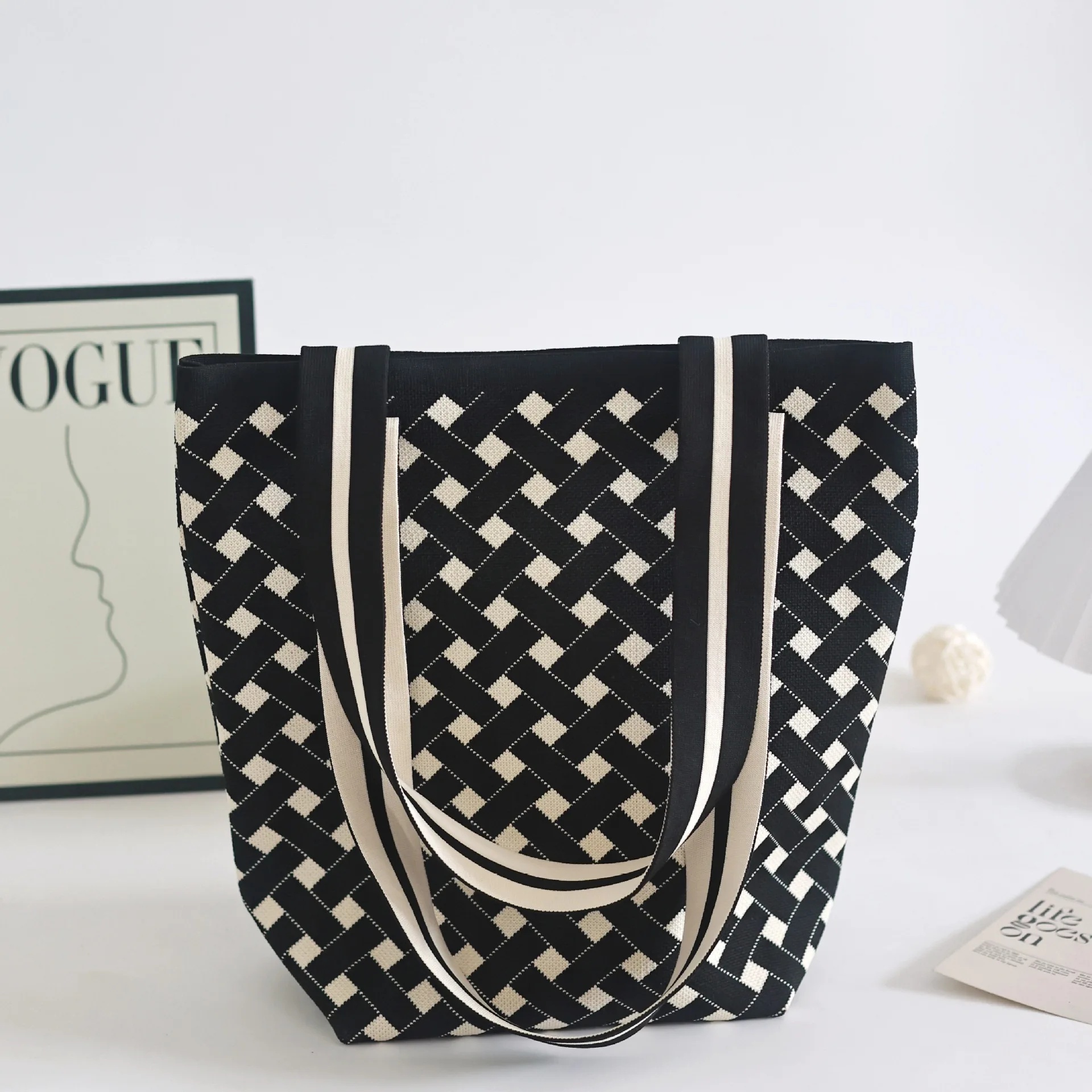 Bolso tipo cubo de punto de alta gama, bolso de hombro para mujer, bolso de de gran capacidad, estilo minimalista Neutral, fibra de poliéster: YELLOW