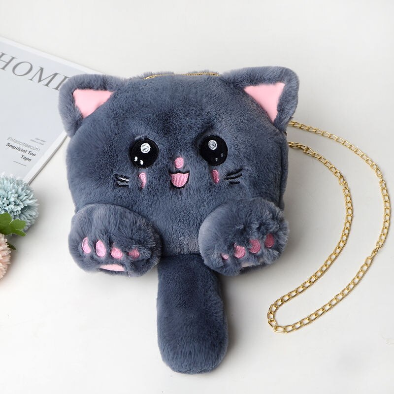 Women Plush Hairy Bag Female Cute Chain Shoulder Messenger Bag Girl Doll Cat Bear Head Bag: 15