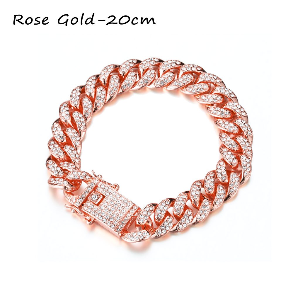 1Pc 14K Vergulde 12Mm Breedte Diamond Cubaanse Armband Luxe Shiny Hip Hop Ingelegd Rhinestone Link Chain vrouwen Mode Armband: Rose Gold-20cm