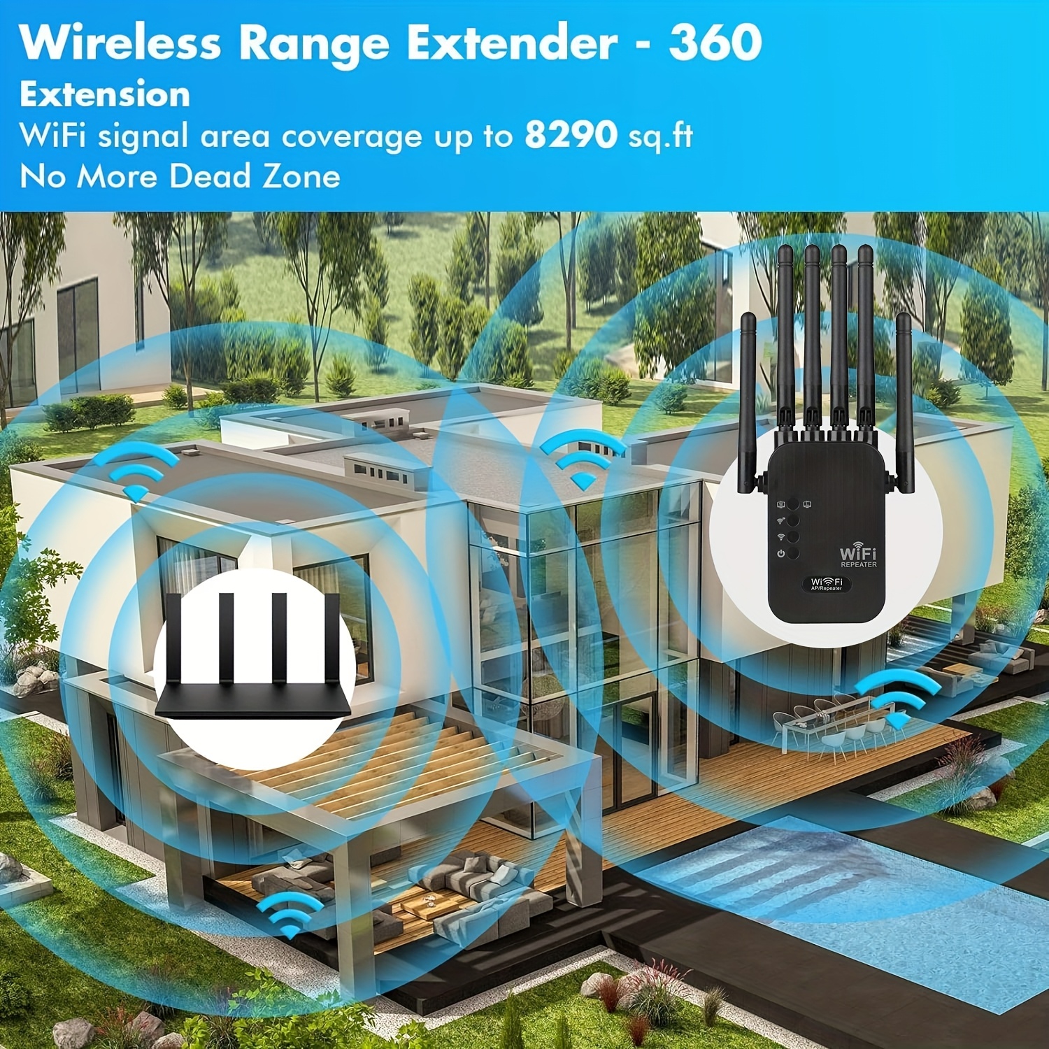 Dual-band gigabit ethernet-porter, wifi 6- forlenger, fungerer med alle rutere, universell kompatibilitet, , 6 antenner for 50+  enheter