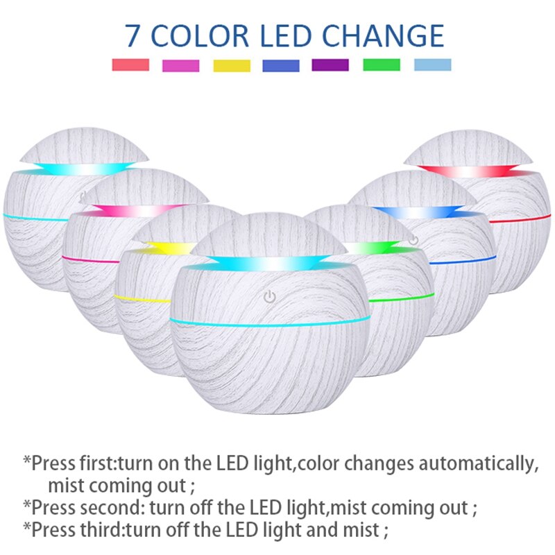 130Ml Mini Electric Air Humidifier Usb Charge Aroma Diffuser Ultrasonic White Wood Grain With 7 Color Led Light For Home