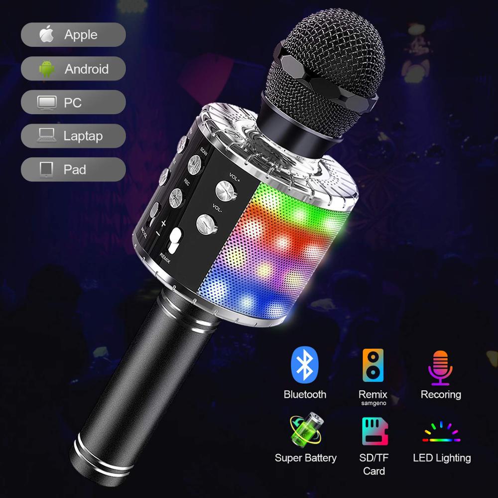 Draadloze Karaoke Microfoon, 4 In 1 Bluetooth Microfoon Voor Kinderen Met Led Verlichting Speaker Record Remix Functie