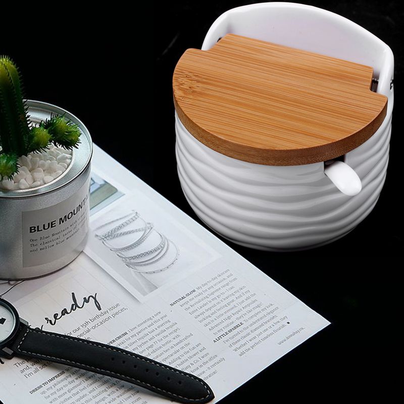 Sucrier, sucrier en céramique avec cuillère à sucre et couvercle en bambou pour la maison et la cuisine moderne, blanc, 8.58 FLOZ (254 ML)
