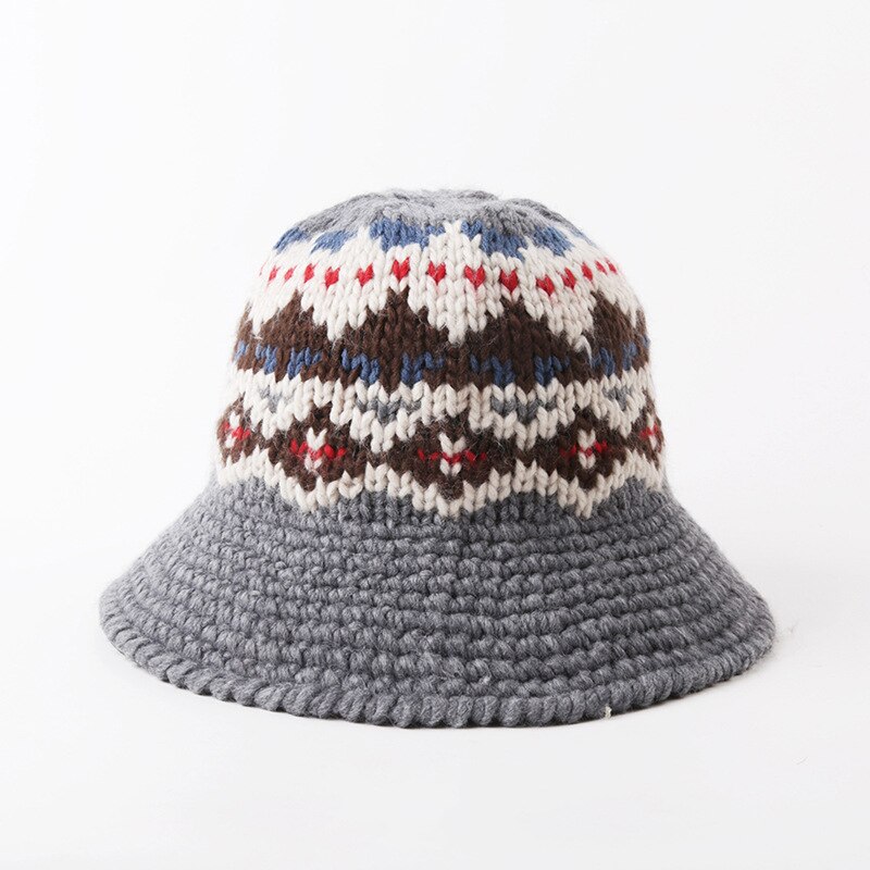 Autumn Winter Knitted Bucket Hats Female Bucket Hat for Women Girl Thickened Soft Warm Fishing Cap Outdoor Lady: Grey