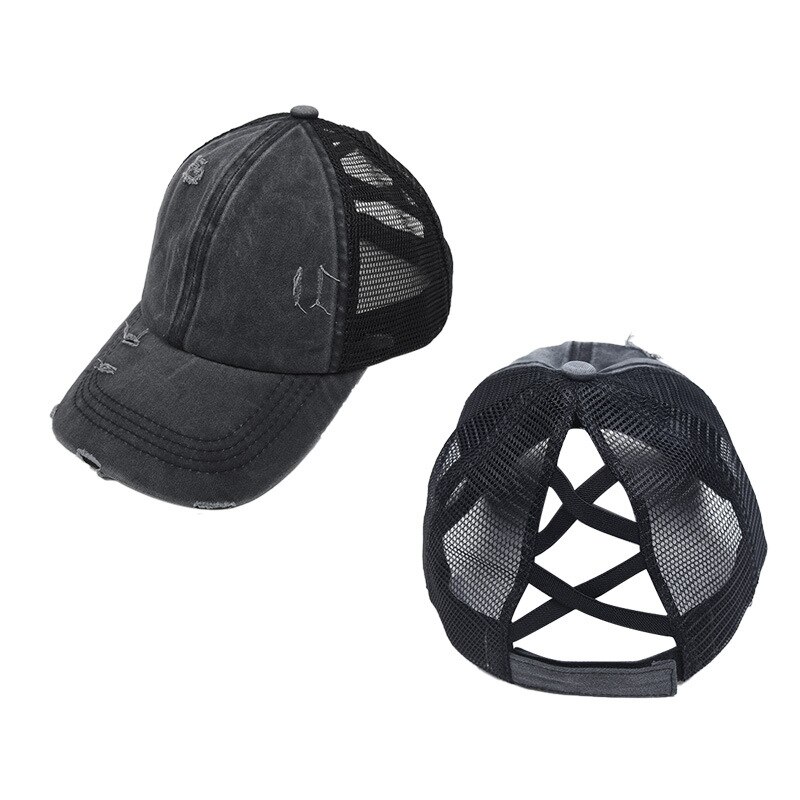 Verstelbare outdoor sport gat casual criss cross paardenstaart mesh zonnehoed reizen magische sticker baseball pet unisex zomer: Zwartgrijs