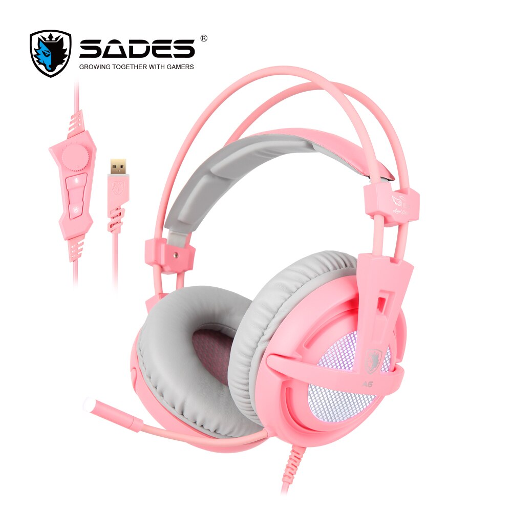 SADES A6-auriculares, USB de Gaming por juego, auriculares profesionales Surround con cable y micrófono para ordenador, PC y jugador, 7,1: Gray Pink