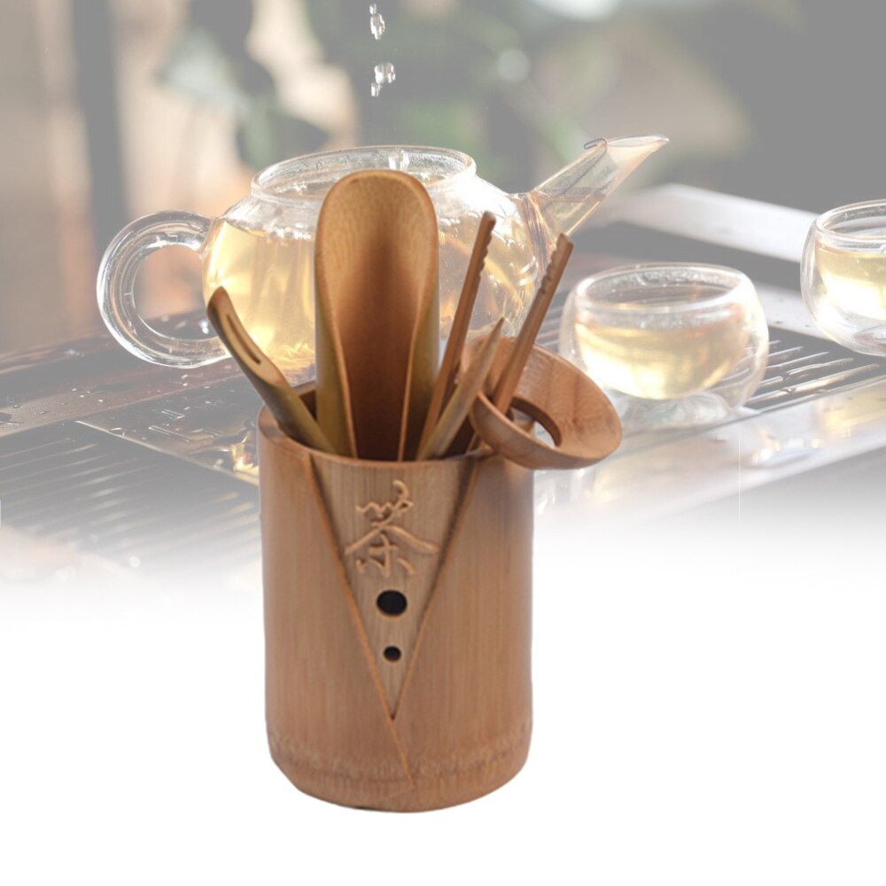 6 Pcs Bamboo Cylinder Chinese Kung Fu Tea Set Carved Korean Style Word "Tea" Tea Making Tool Kit Kitchen Accessories (Tea Bucket: Default Title