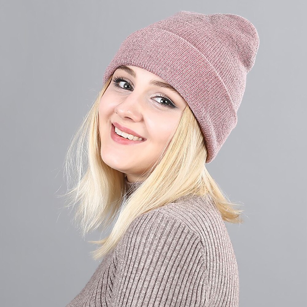 Gorro de invierno cálido de oro bronceado para mujer, gorro de punto térmico para mujer, gorros de punto de algodón de Color sólido Hip Hop para mujer