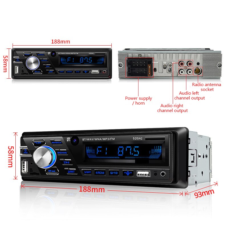 Radio con Bluetooth para coche, reproductor de Audio ESTÉREO FM, MP3, interfaz USB / SD/AUX, 24V/12V, ISO, para autobús y camión