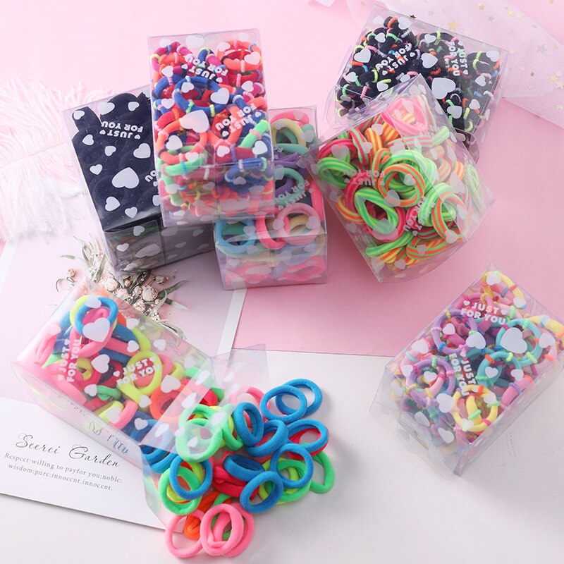 50 pçs/set bonito menina do bebê amor encaixotado dos desenhos animados não ferir o anel de cabelo cabeça corda do cabelo do bebê corda de borracha acessórios de cabelo