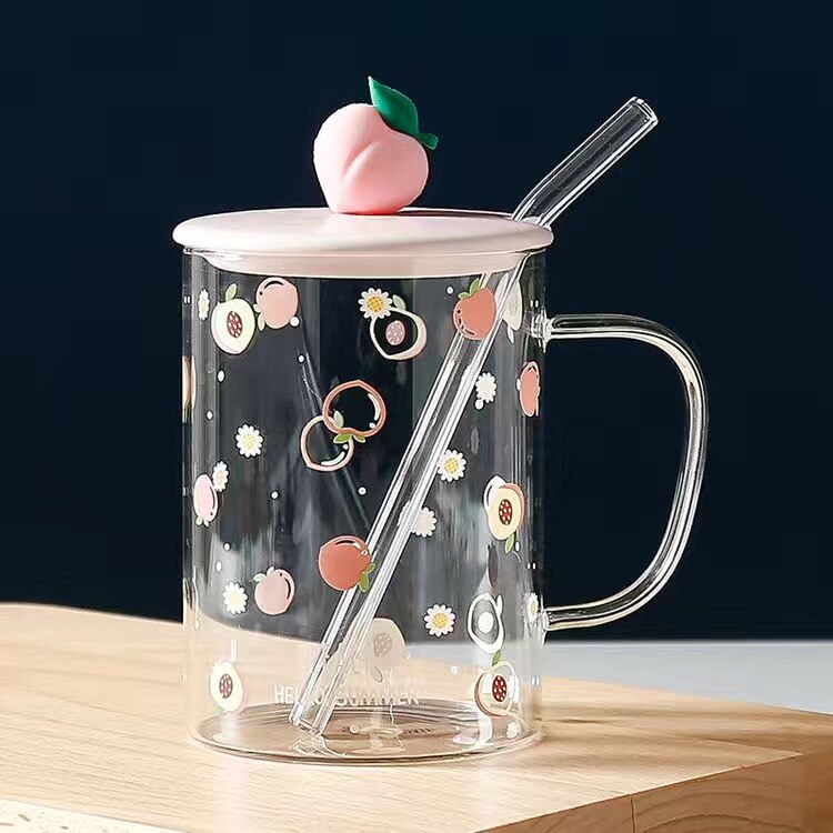 500ml glas vattenkopp mugg kontor kaffekopp hem vinglas söt frukt tryck silikon kopp lock #39 kopp porslin: Kopp lock sugrör 2