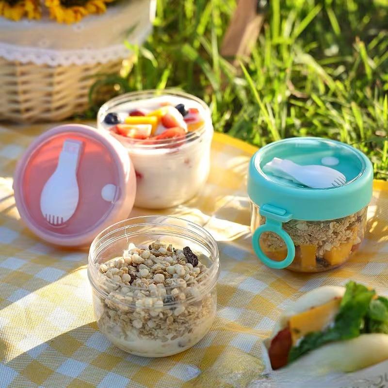 Portable Breakfast Cup with Leak-Proof Lid, Overnight Oats Bowl with Spoon, Microwave Safe Salad Bowl, Yogurt Cup, Milk Bottle