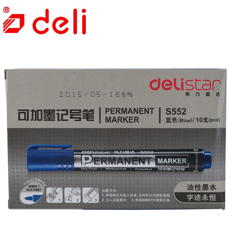 Deli 10 stks Permanente Markers Pennen Fijne Punt Blauwe Inkt 0.5mm-1mm Pen Papelaria Markeerstift School Kantoorbenodigdheden