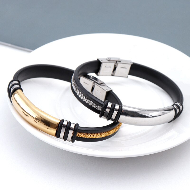 Silbrig/Gold Farbe Leere Bar Edelstahl Männer Handgelenk Band Rillen rüder Gittergewebe Verknüpfung EinfüGen Punk Armbinde Stilvolle lässig armreif