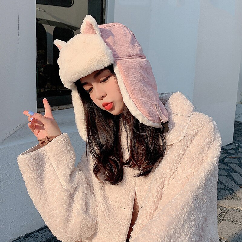 hiver femmes oreilles de chat Bomber chapeau épais coton cachemire en peluche masque russe Ski Protection visage cache-oreilles casquette