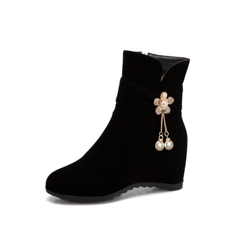 PXELENA fleur douce perle chaîne mariée mariage bottes chaussures d'hiver caché talons hauts Faux daim troupeau bottines rouge 43: Black / 9.5