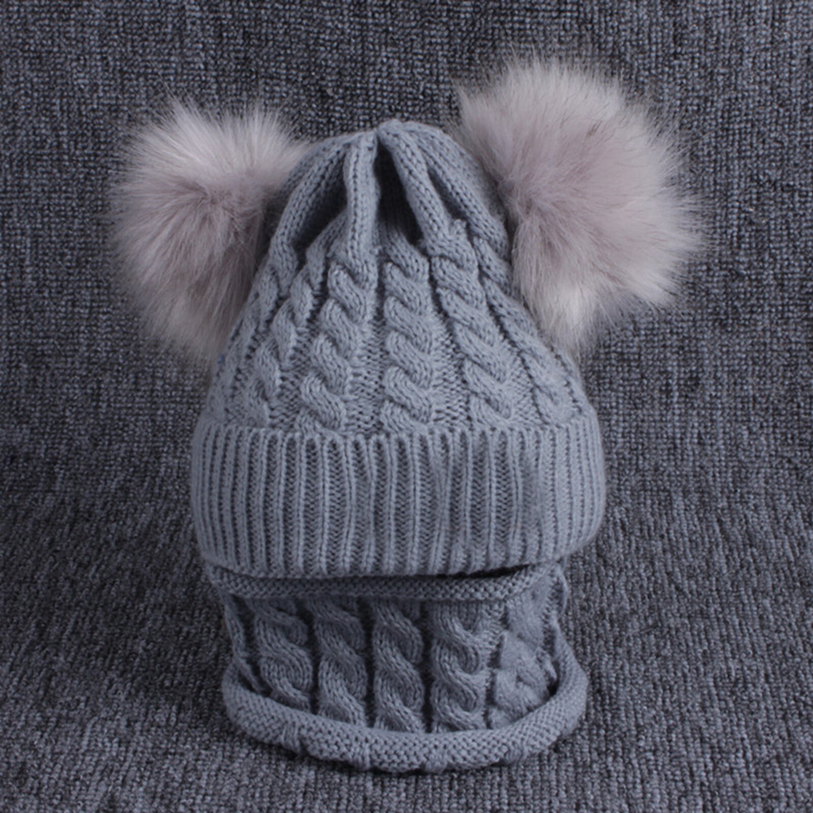 Gorros de invierno para niños, orejas para niñas, niños, gorros cálidos, gorros de invierno para bebés, gorro trenzado de doble Pompón, gorro de punto, conjunto de bufanda de cuello cálido