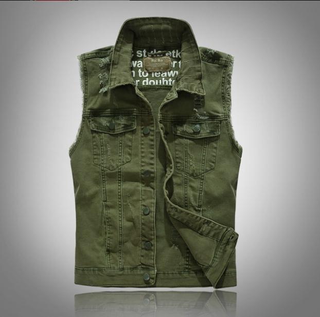Mannen Punck Rock Stijl Groene Jeans Vest Lente Herfst Mouwloze Motorjas Plus Size Mannelijke Ripped Denim Vesten J3098