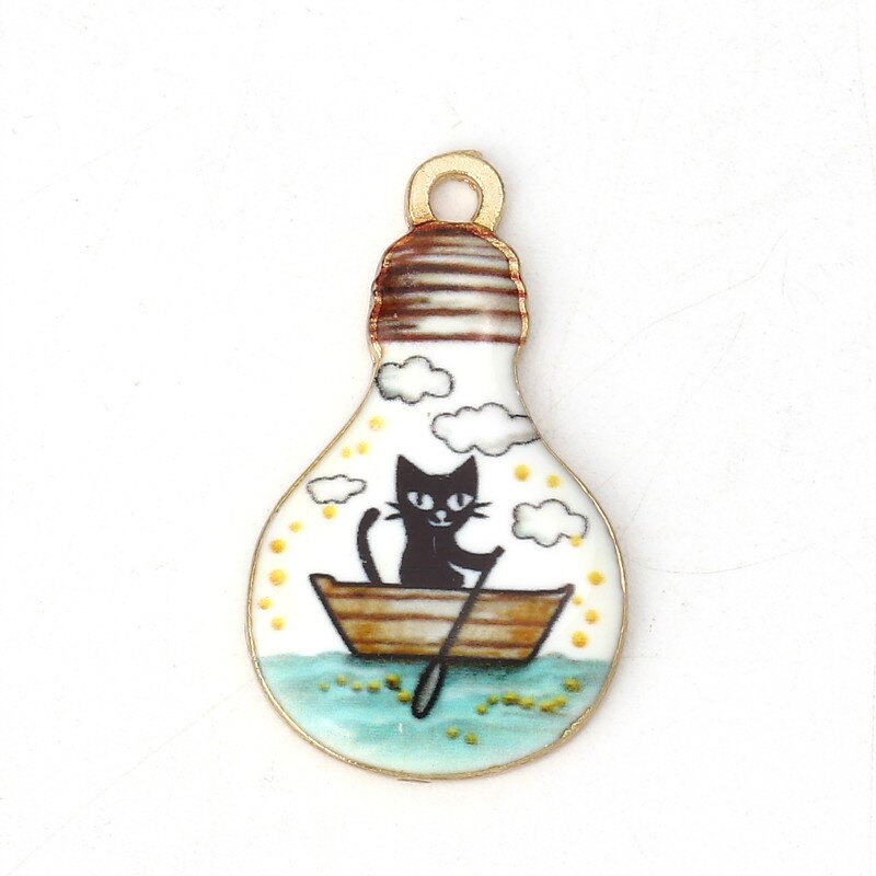 Doreen Box Zinc Based Alloy Charms Bulb Gold Metal Kawaii Black Cat And Fish Enamel Pendants 28mm(1 1/8&quot;) x 17mm( 5/8&quot;), 10 PCs: 2