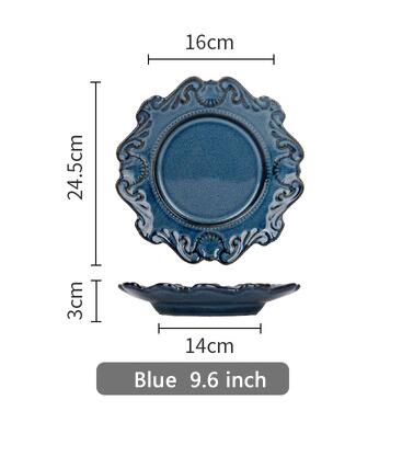 plates tableware dinner plates ceramic embossed pattern porcelain dessert plate cake plate: Blue 9.6 inch