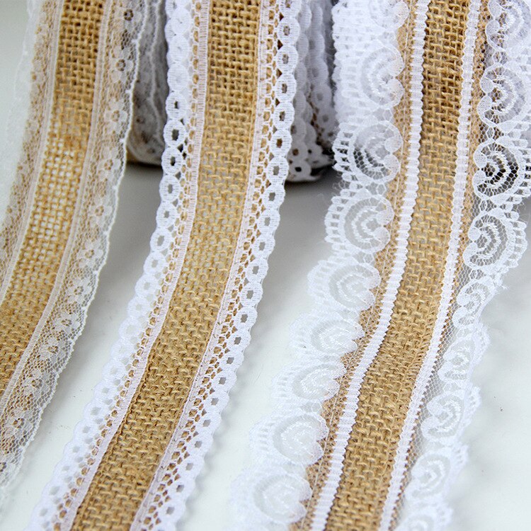 2.5 cm Jute Jute Linten met White Lace Trim DIY Handgemaakte Ambachten 2 Meter Stof Bruiloft Kerstmis Halloween Party Decoratie