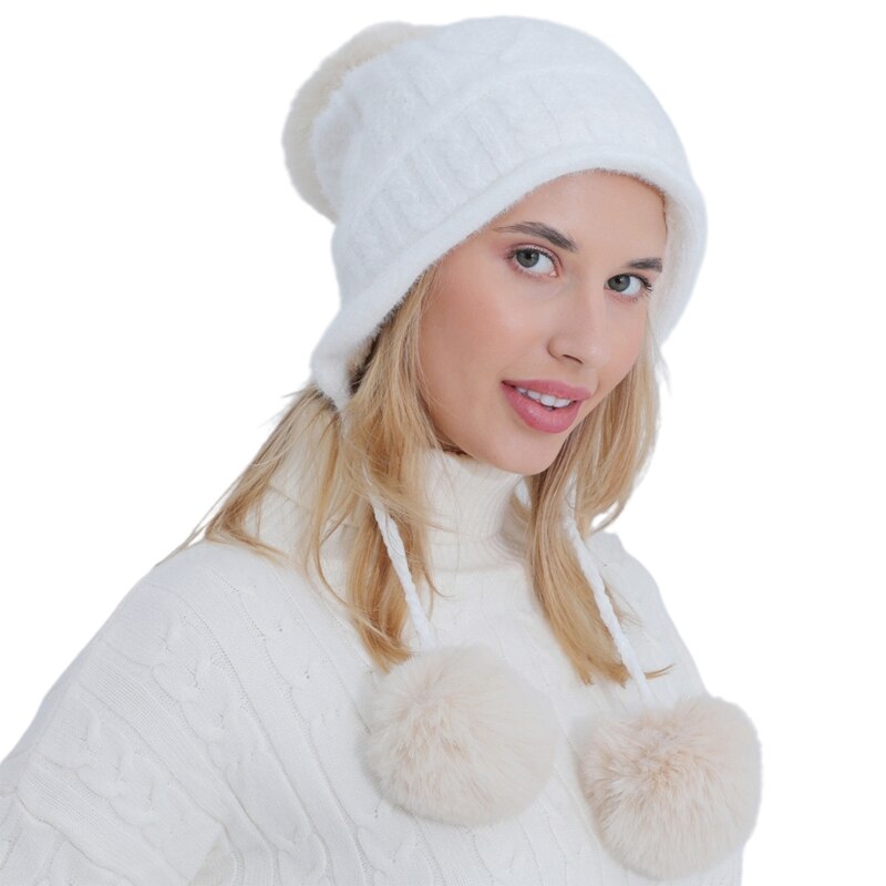WITHMOONS Fleece Lined Knit Beanie Hat - Cable Knit With Ear Flaps & Pom Pom, One Size