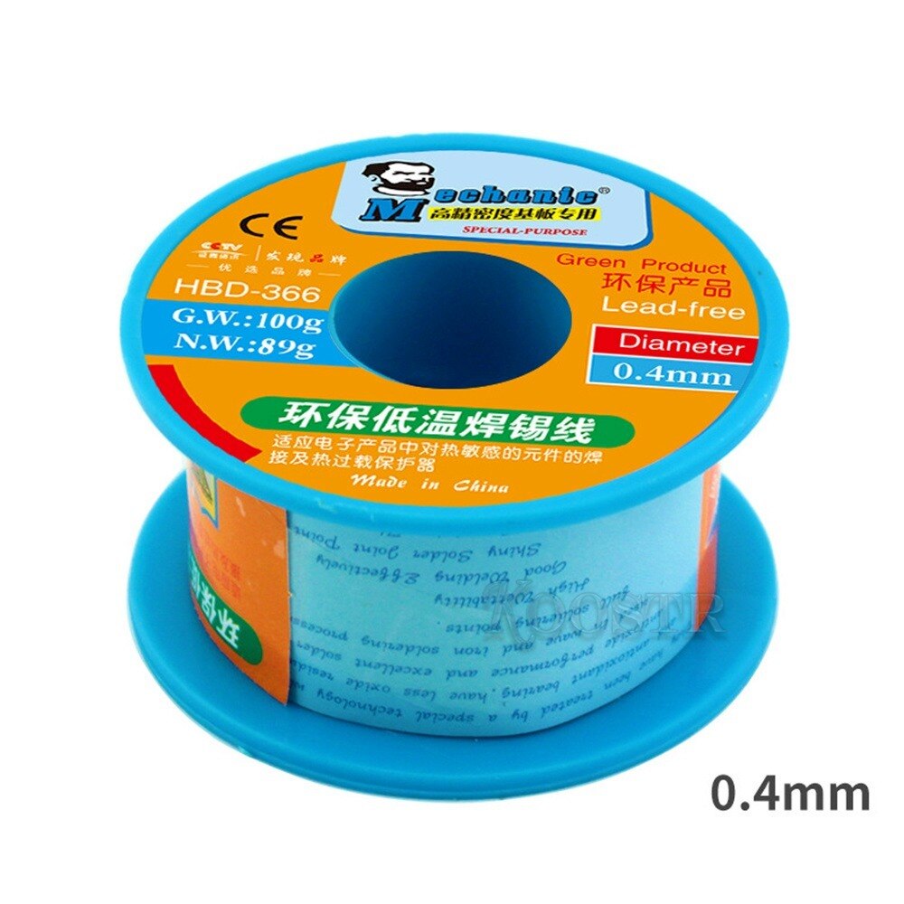 HBD-366 mecánico de alambre de soldadura sin plomo, 100G, 0,3 MM, SN42 %, BI58 %, buena actividad, soldadura de alambre de flujo auxiliar de baja temperatura