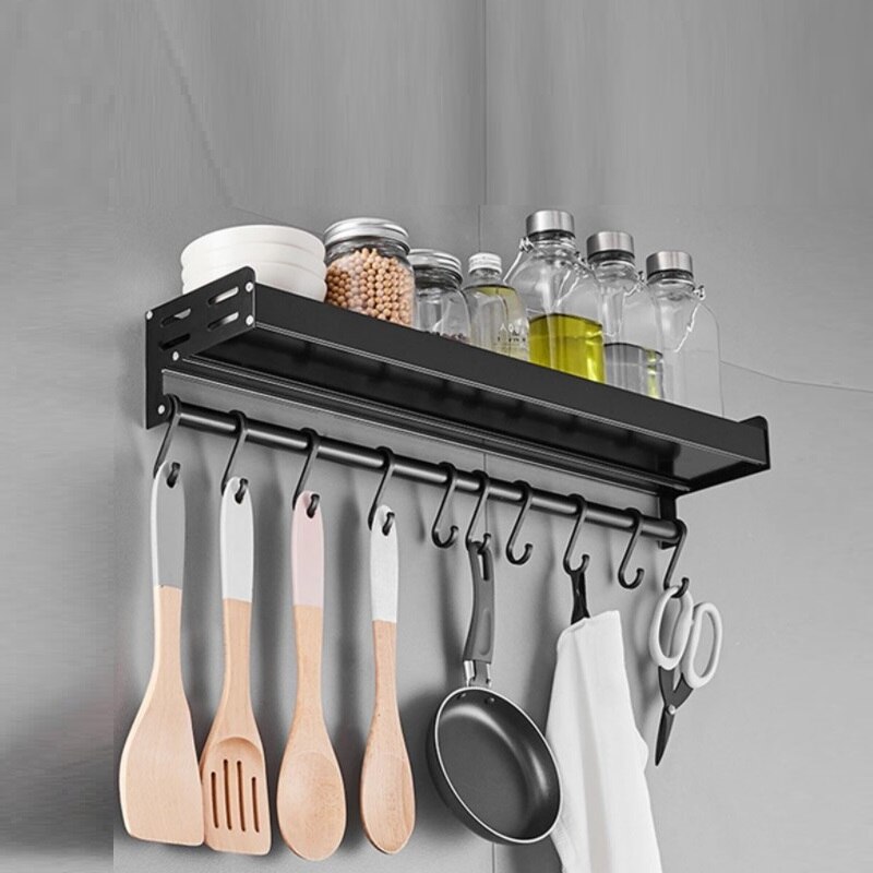 Black Wall Mounted Kitchen Racks with Hooks Space Aluminum Storage Shelf Kitchen Appliances Spice Rack Kitchen Rack Organizer