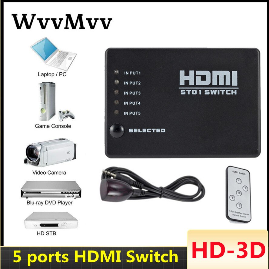 HDMI Switch 5 en 1 Out HDMI Splitter 5x1 con Control remoto IR compatible con 3D 4K HD1080P HDMI Switcher para PS4 Xbox Blu-Ray Player