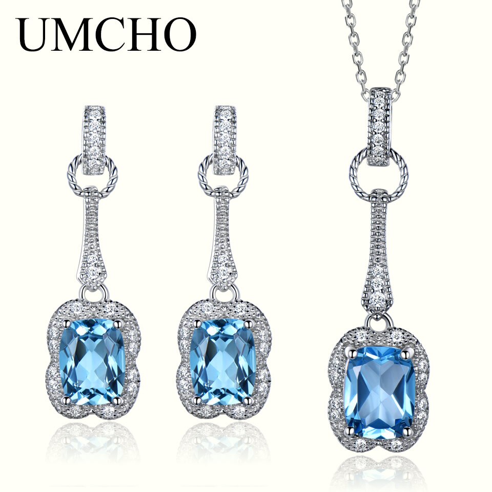 UMCHO Echt 925 Sterling Zilveren Sieraden Set 5.6 ct Natuurlijke Blue Topaz Oorbellen Hanger Voor Vrouwen Sieraden Ketting Met keten: Default Title