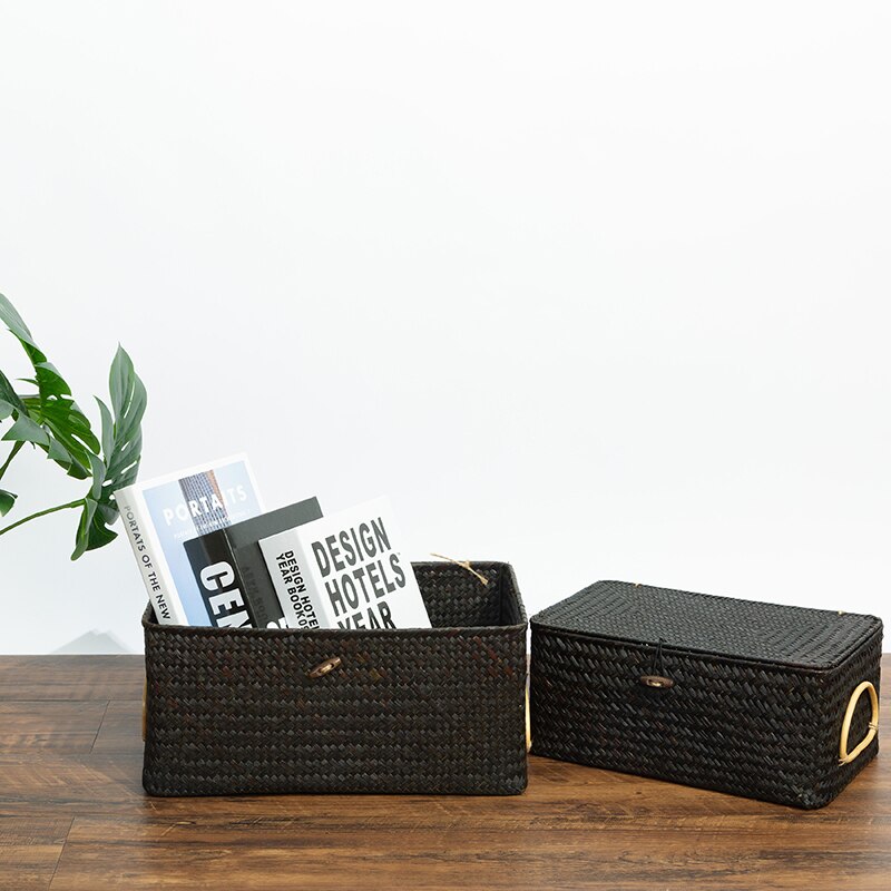 Wicker Basket Natural Seagrass Storage Basket with Lid Handwoven Storage Box Rattan Sundaries Organizer Multipurpose Container