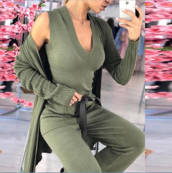 3 pieces set Women's knit suit long sleeve Soft Wool Warm Thcik Female winter cltohes suits
