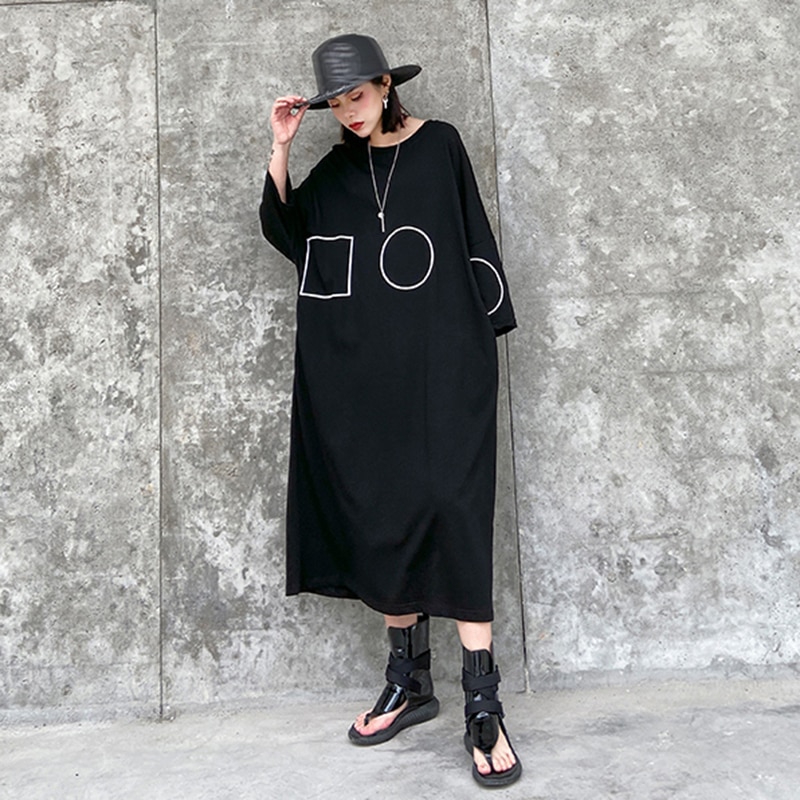 [EAM] vestido largo negro estampado de patrón de talla grande cuello redondo manga larga ajuste suelto Primavera otoño 1Z424