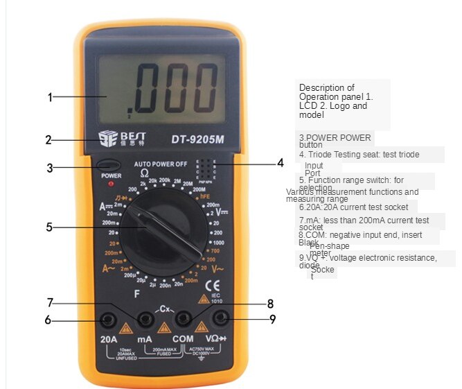 Best BST-9205M large screen digital multimeter with probe DT9205A
