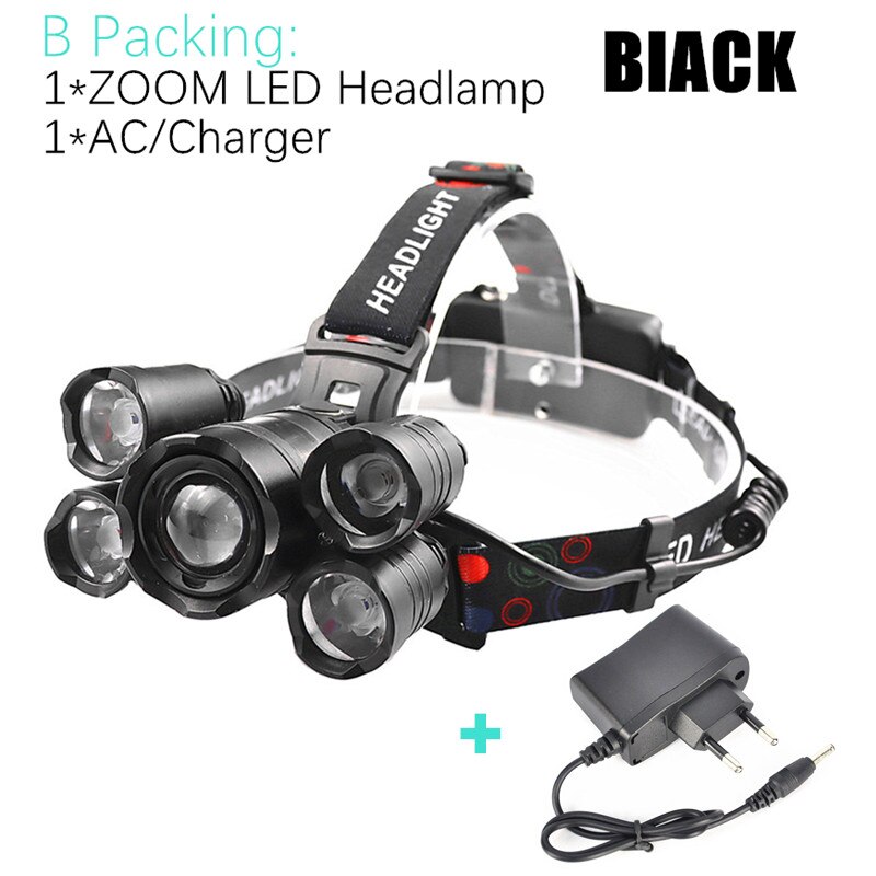 Most Powerful Induction ZOOM LED Headlight headlamp 5LED T6 Head Lamp Flashlight Torch head light Best For Camping, fishing: B Packing - Black / No Battery