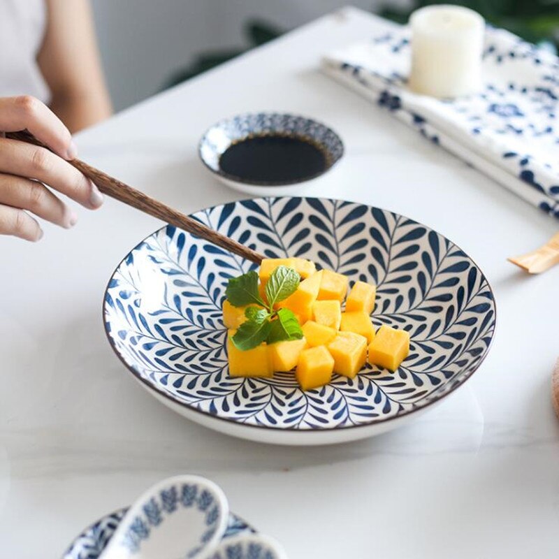 Japanese Style Ceramic Dinner Plate Kitchen Round Plates Set Food Dishes Rice Salad Noodles Bowl Soup Spoon