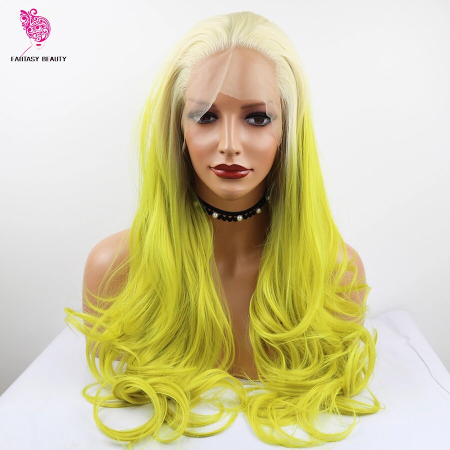 Perruque Lace Front Wig ondulée synthétique | Perruque blanche à verte ombrée en Fiber de haute température, cheveux mi-mains attachés à la main, perruque de maquillage quotidienne pour femmes
