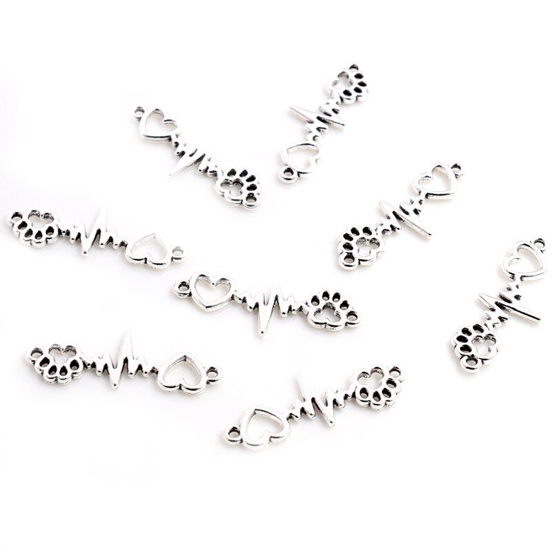 10pcs Charms ECG Heartbeat Connector Heart Dog Claw Link 12x34mm Antique Silver Color Pendant Making DIY Tibetan Finding Jewelry