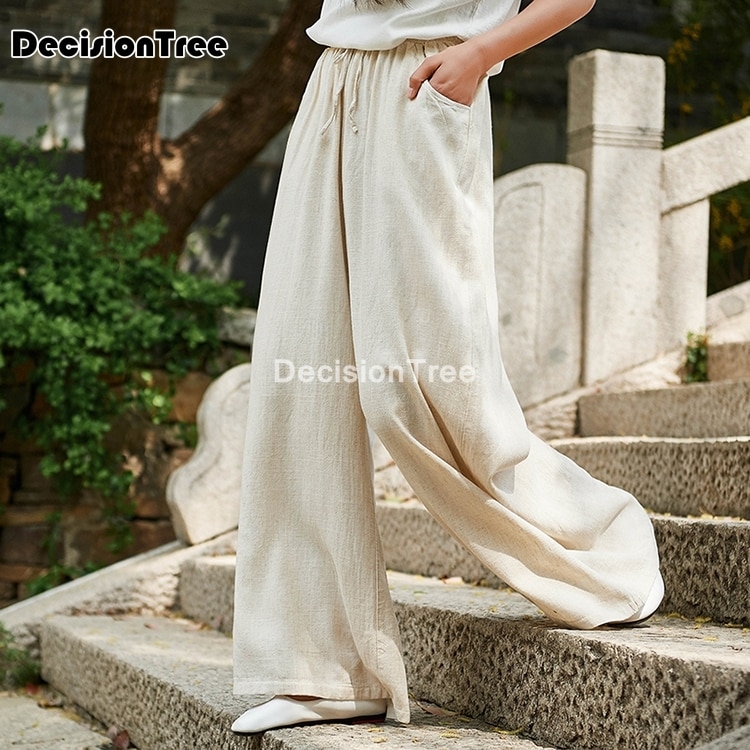 wide leg harem pants trousers chinese style streetwear women ethnic vintage elastic waist loose long cotton linen pants