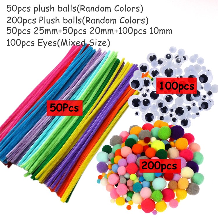 Plush Stick / Pompoms Rainbow Colors Shilly-Stick Educational DIY Toys Handmade Art Craft Creativity Devoloping Toys GYH: 50stick200pom100eye