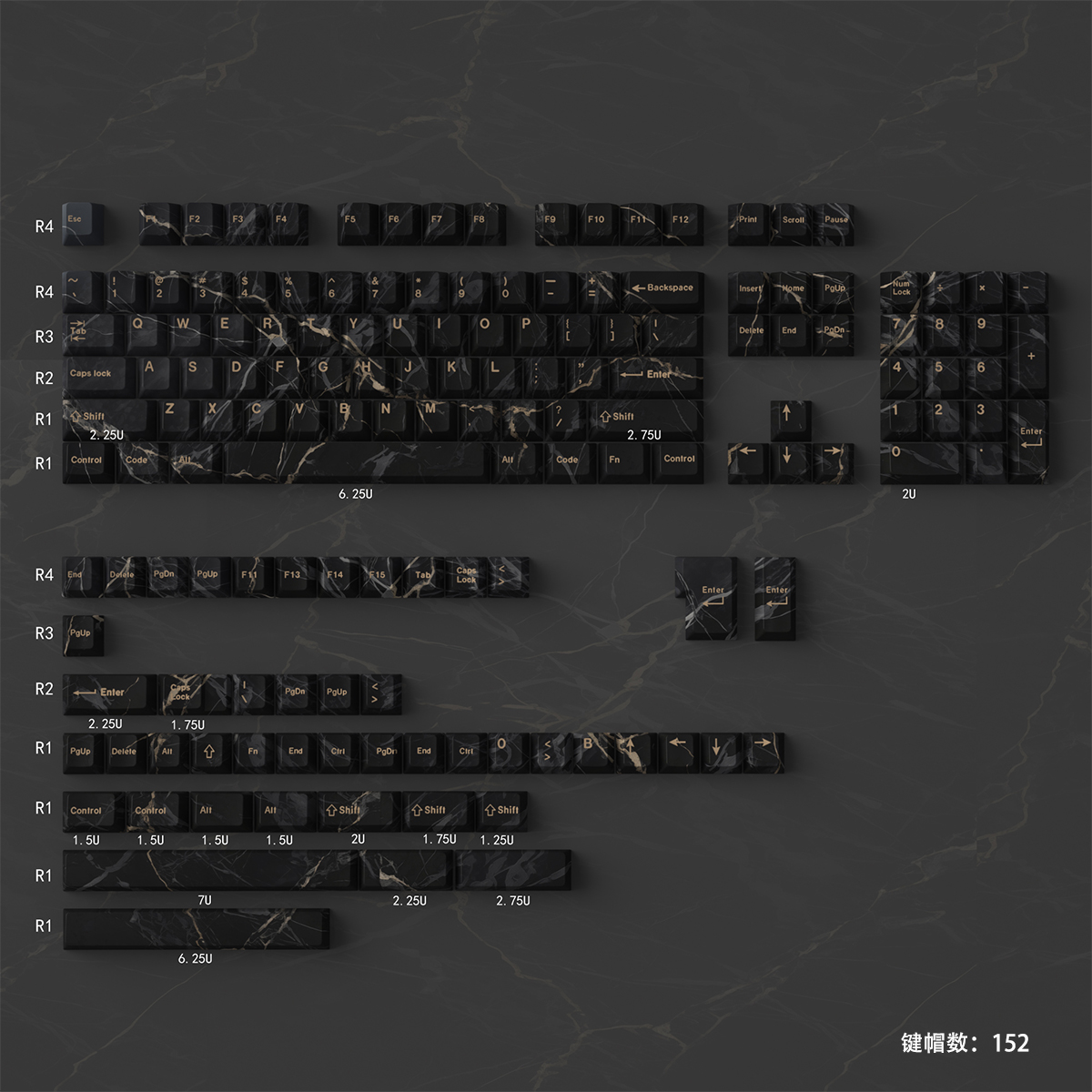 Black Marble Keycap Set 152 Keys PBT 5-Sided Dye Cherry Profile MX Switch Fit 61%-108% Custom Mechanical Keyboard Keycaps