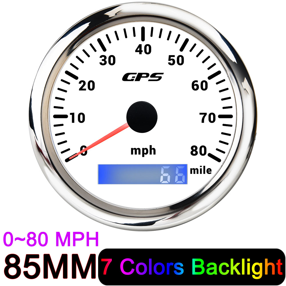 HD 85mm GPS Speedometer 30 60 80 120 160 200 MPH Waterproof Speed Gauge for Mairne Yacht Boat Car Truck 7 Colors Backlight 9-32V: 80MPH white silver
