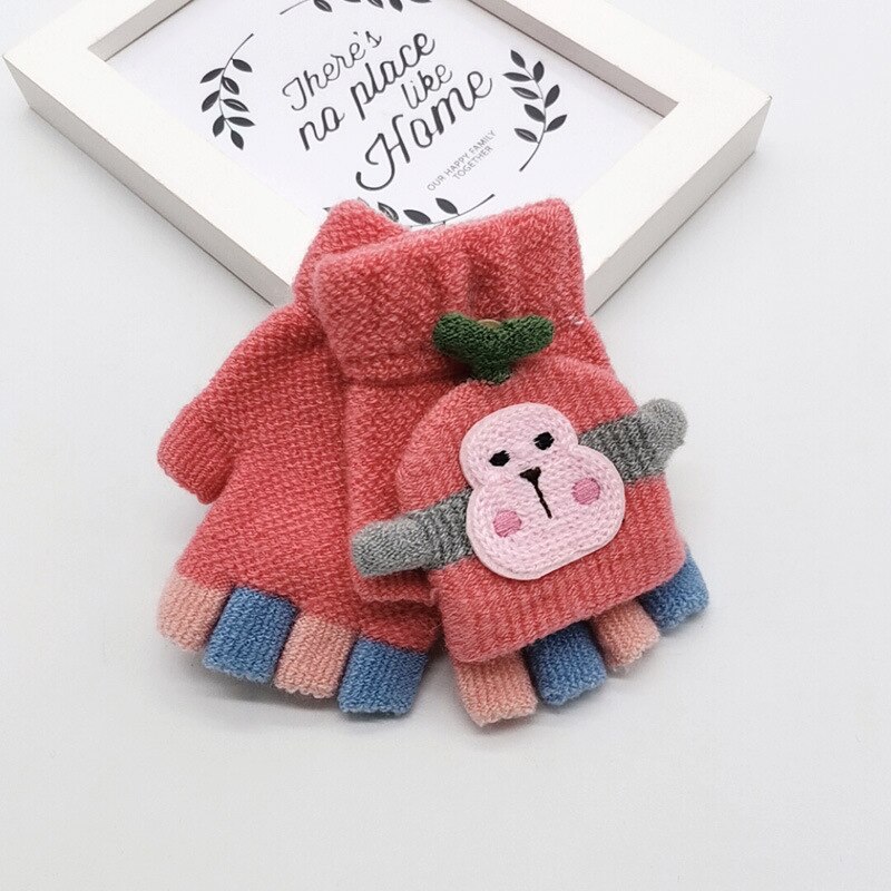 Winter Warm Fitness Children Gloves Cartoon Monkey Kid Baby Infant Cotton Gloves Knitting Mittens Christmas: Watermelon red