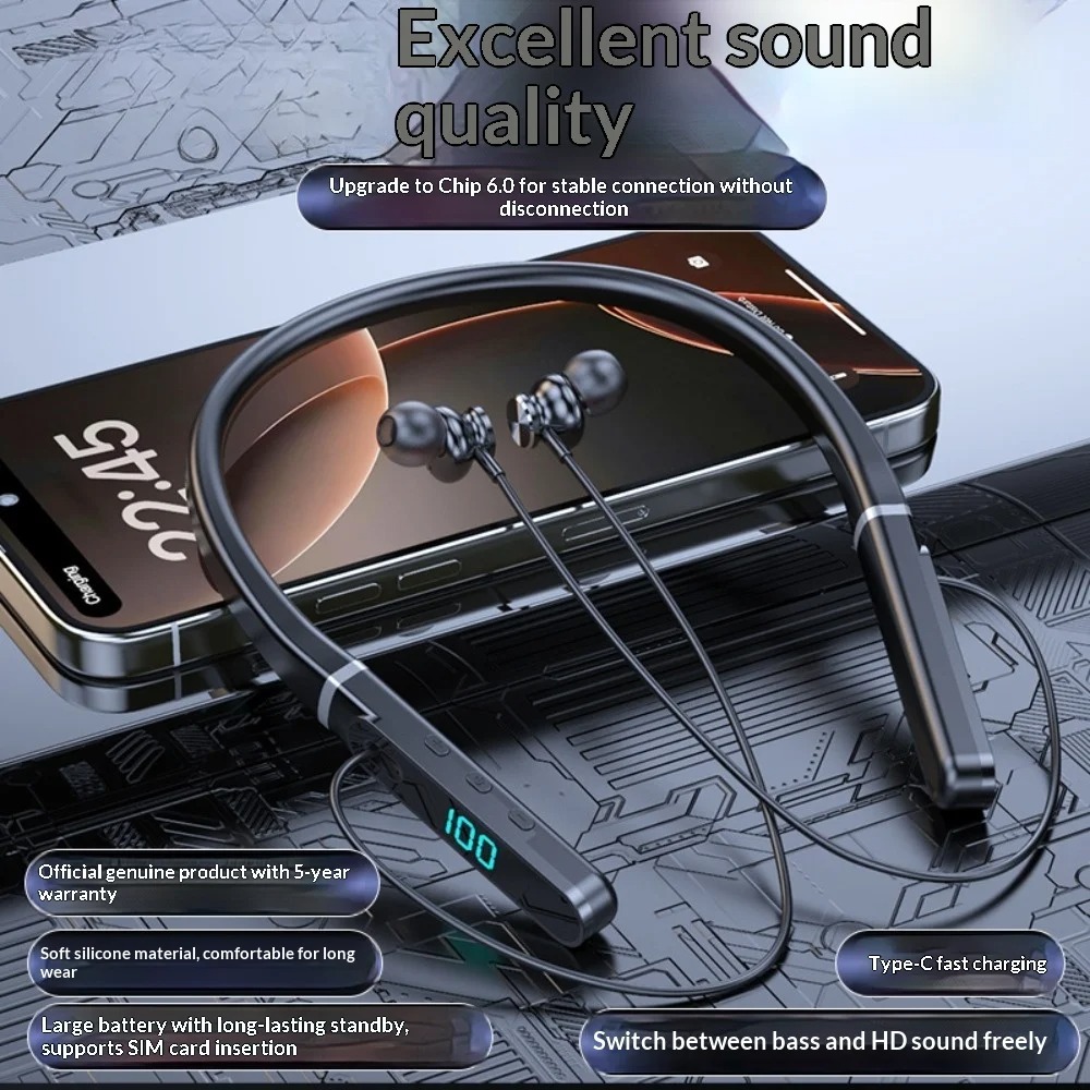 Neck-Hung Bluetooth Earphones Comfortable to Wear Ultra-Long Battery Life Noise Cancellation Stereo Sound for Sleep Running Spor