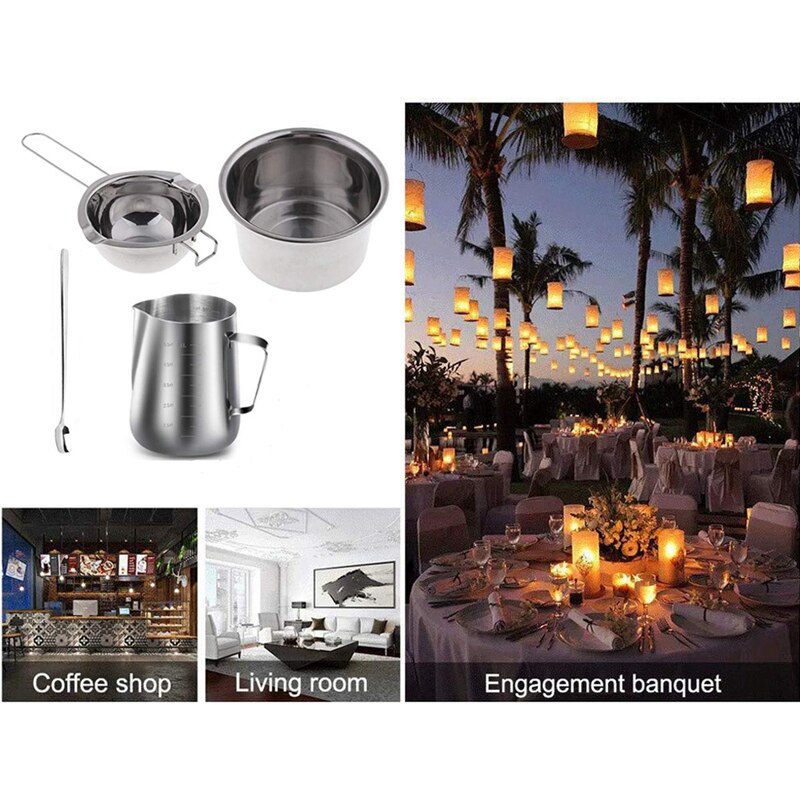 4 Set de doble caldera de acero inoxidable crisol de cera con mango largo, jarra y cuchara mezcladora, fabricación de velas de jabón, Cand perfumado DIY